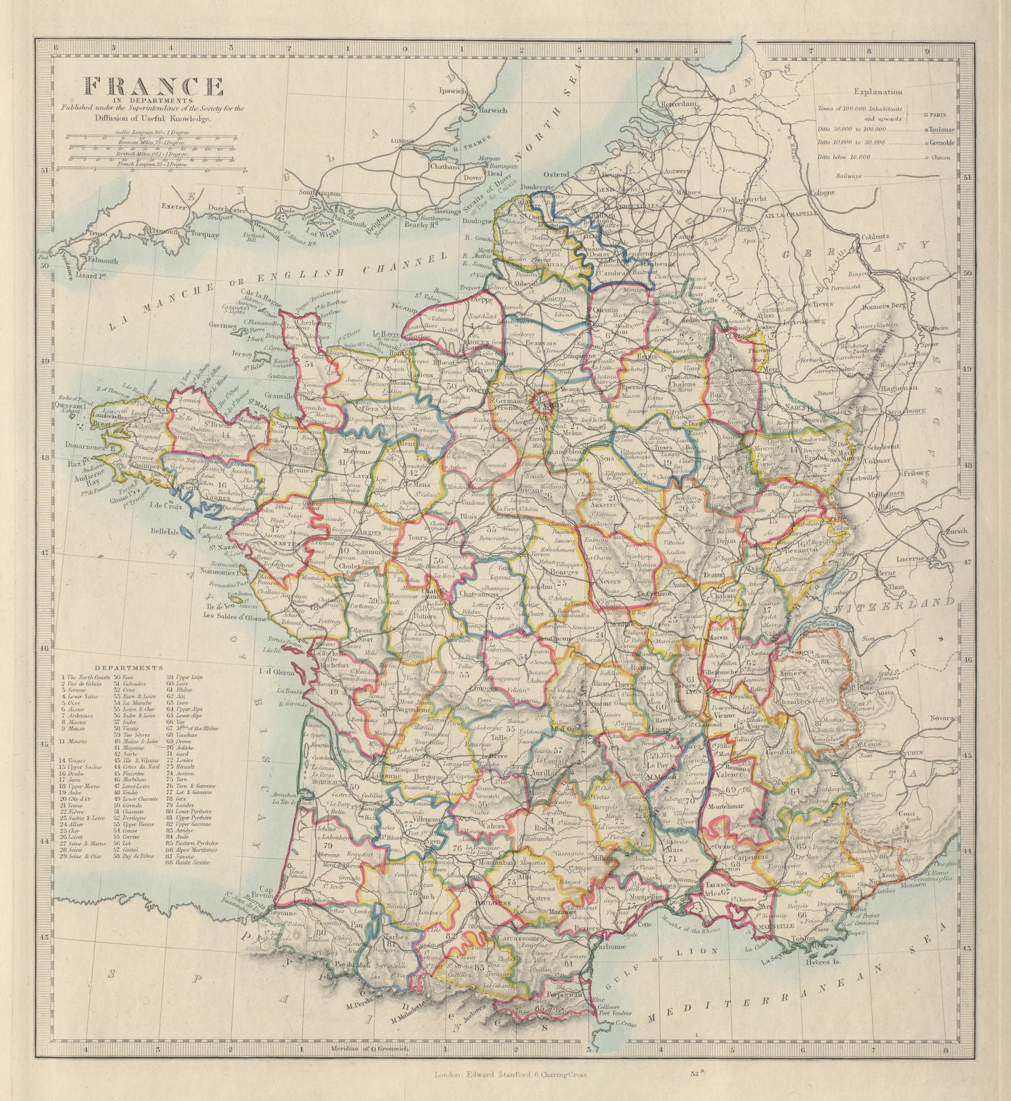 FRANCE IN DEPARTMENTS. Railways. w/o Alsace Lorraine. SDUK 1874 old map
